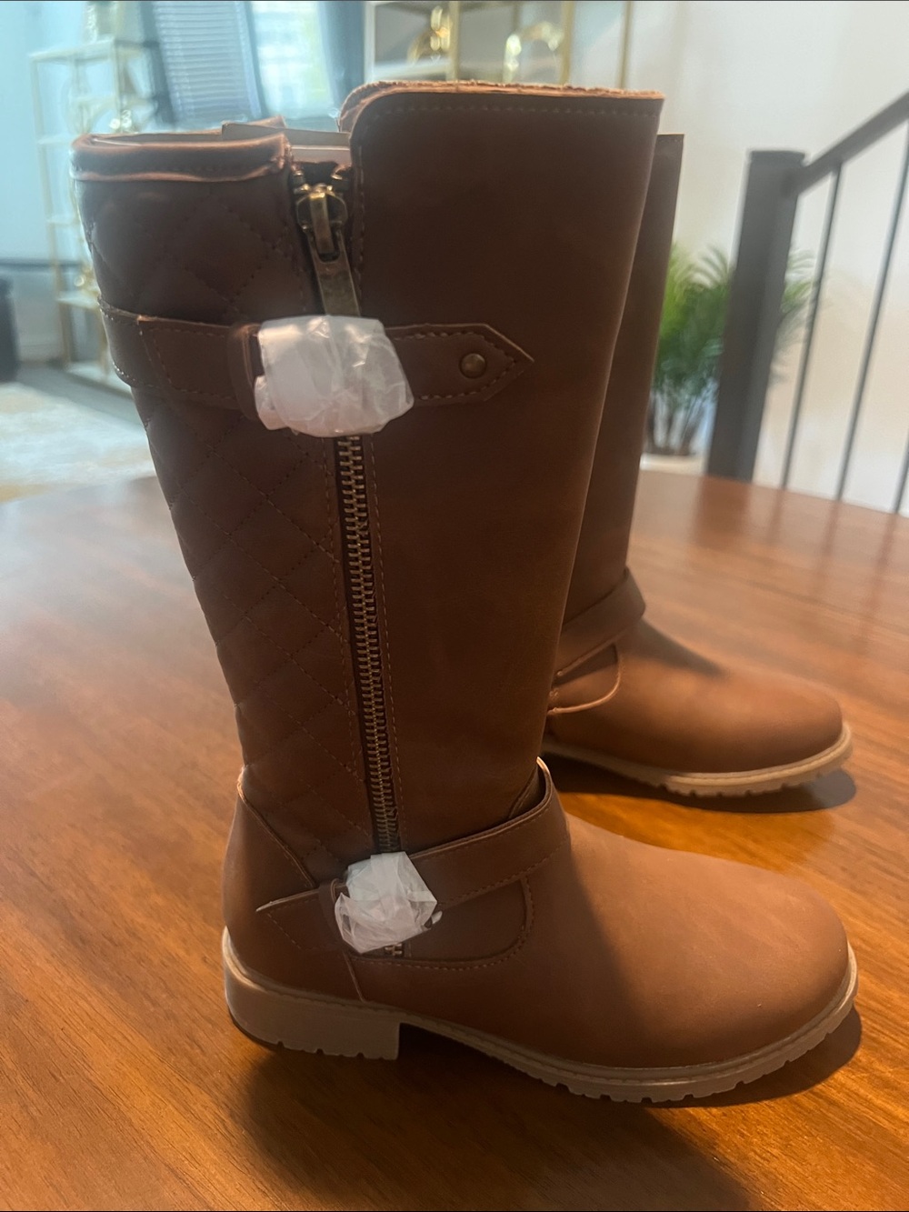 Girls' Tall Brown Quilted Zip Boots - Stylish Kids Riding Boots - Size 2 Medium